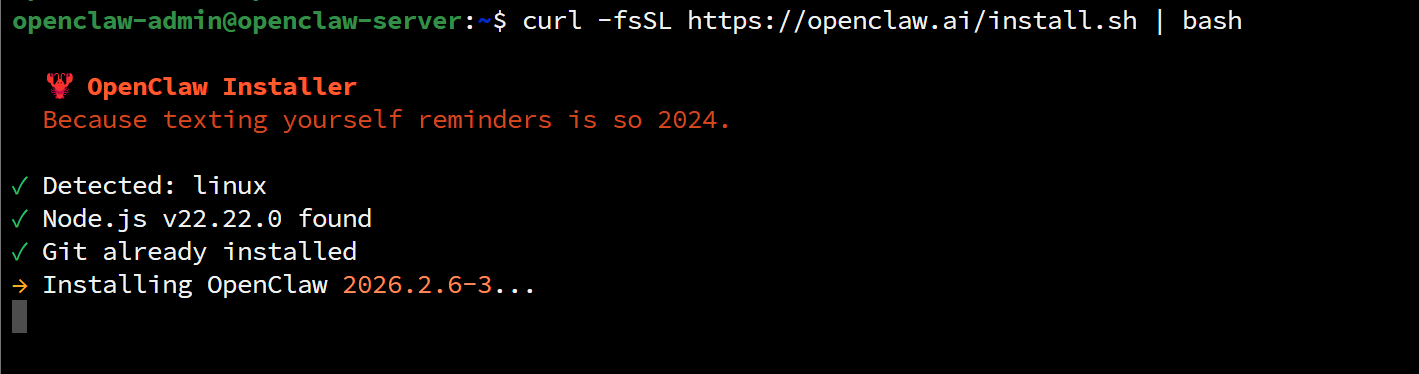 Tampilan terminal menunjukkan openclaw sedang diinstall