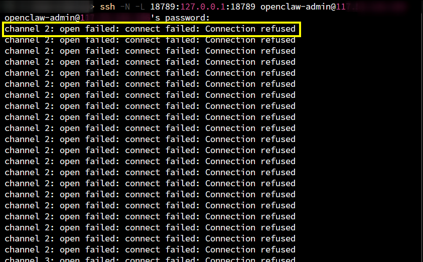 Tampilan terminal openclaw connection refused