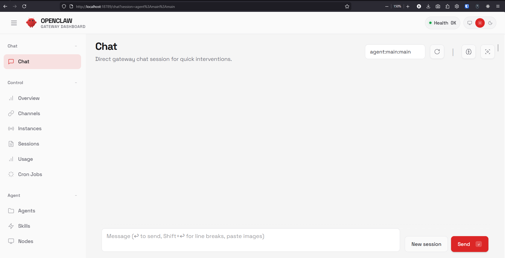 Tampilan dashboard openclaw