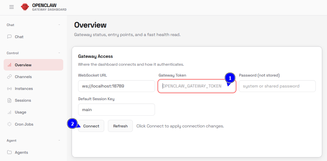 Tampilan cara mengisi gateway token di openclaw