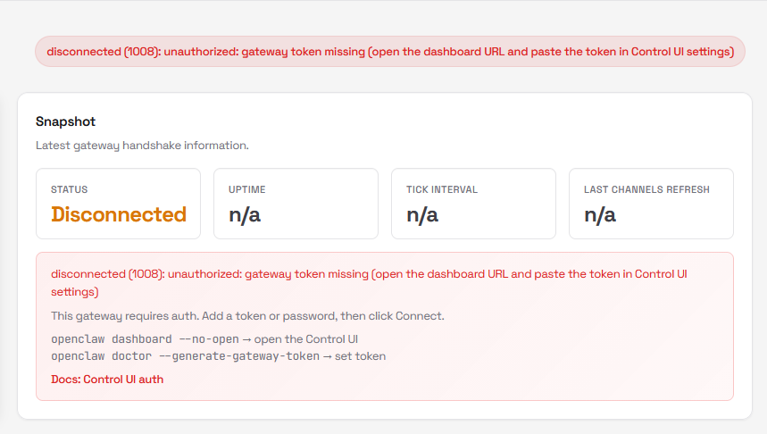 Tampilan dashboard openclaw gateway token missing