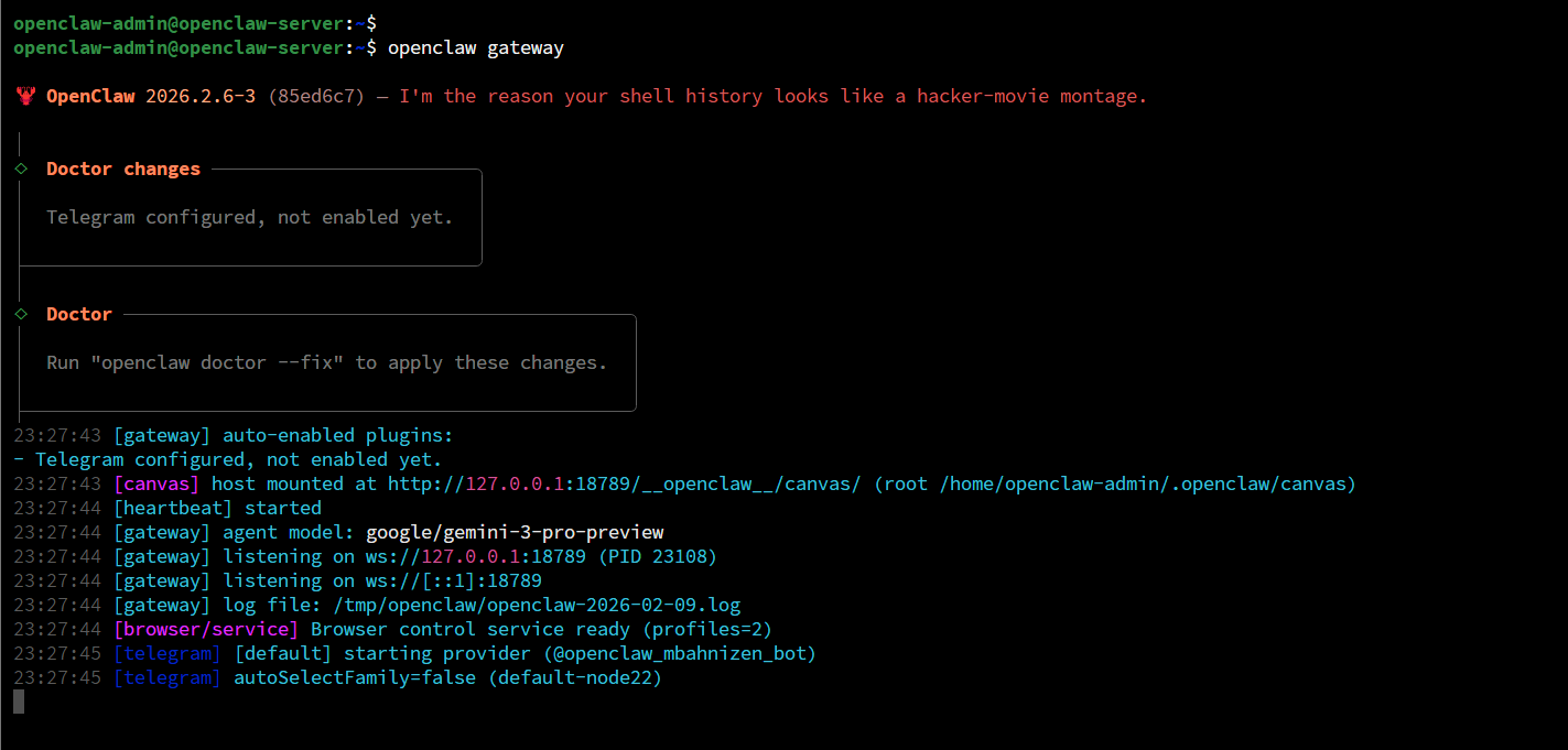 Tampilan terminal openclaw gateway di tmux