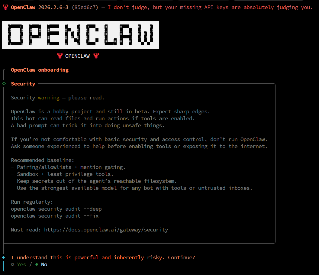 Tampilan wizard konfigurasi openclaw onboarding di terminal