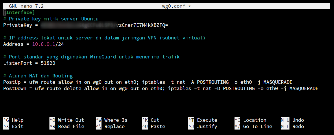 Melakukan konfigurasi file wg0.conf