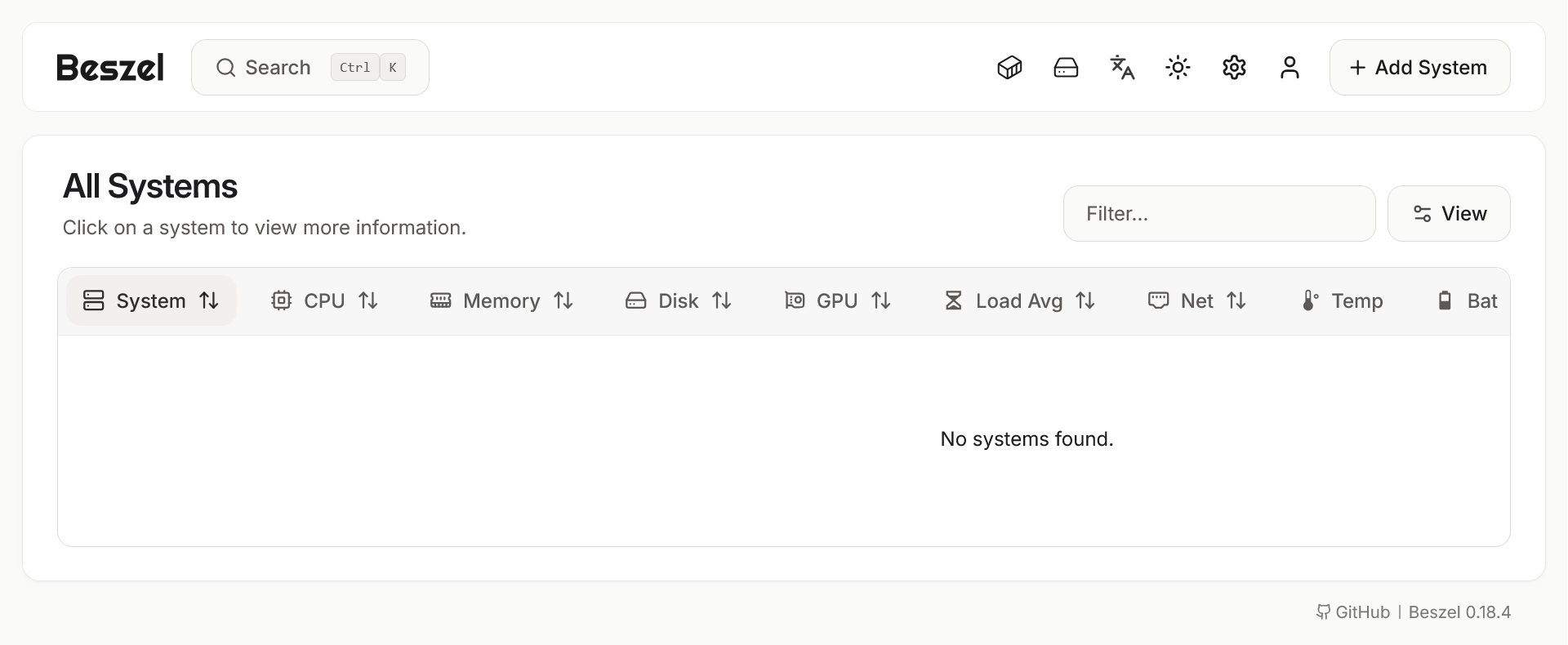 Dashboard Beszel Hub setelah login