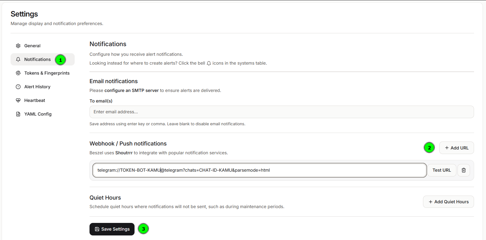 konfigurasi notifikasi pada beszel untuk mengirim alert