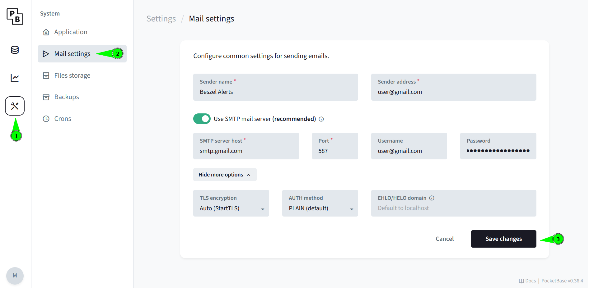pengaturan smtp gmail untuk beszel