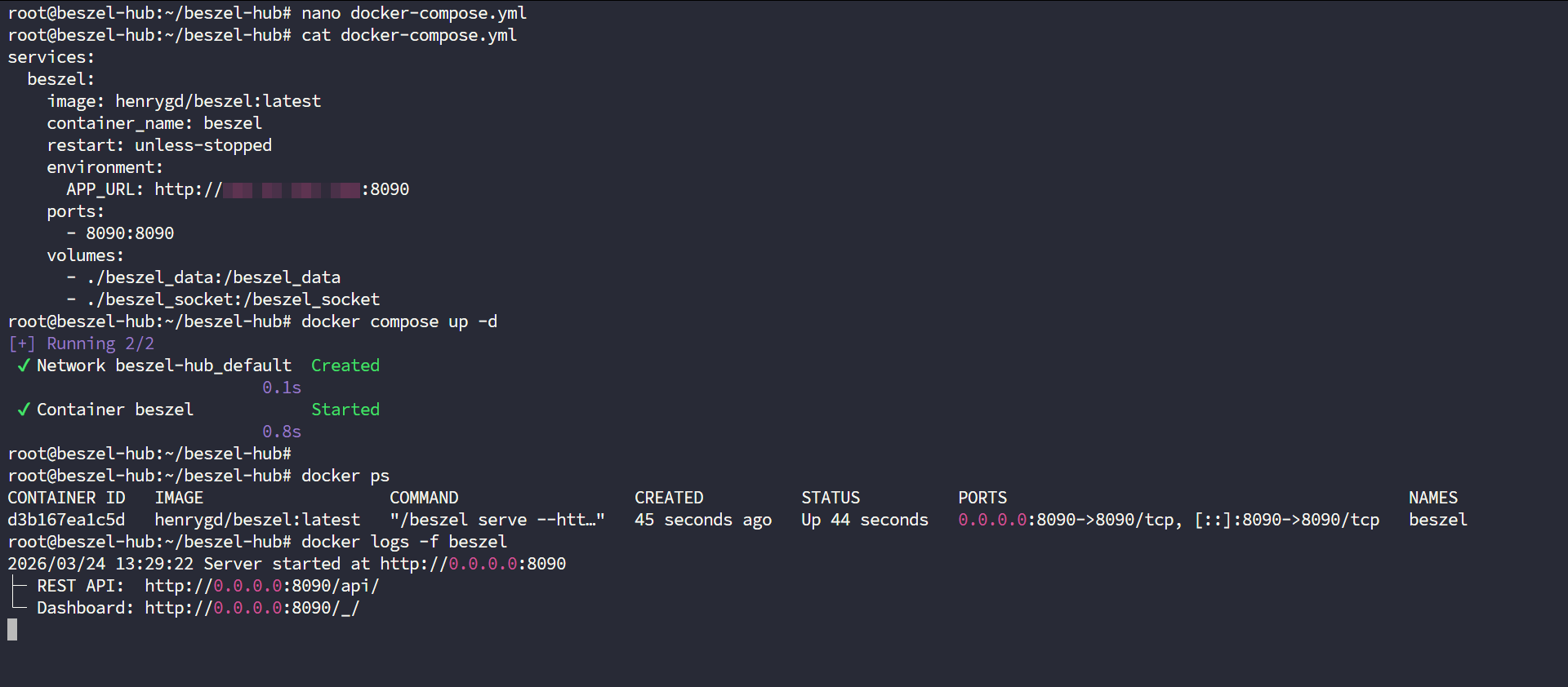Terminal Ubuntu 24.04 saat container Beszel Hub berjalan