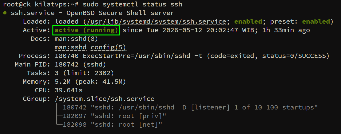 Verifikasi status service SSH di terminal