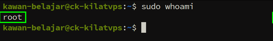 Output verifikasi sudo whoami di terminal