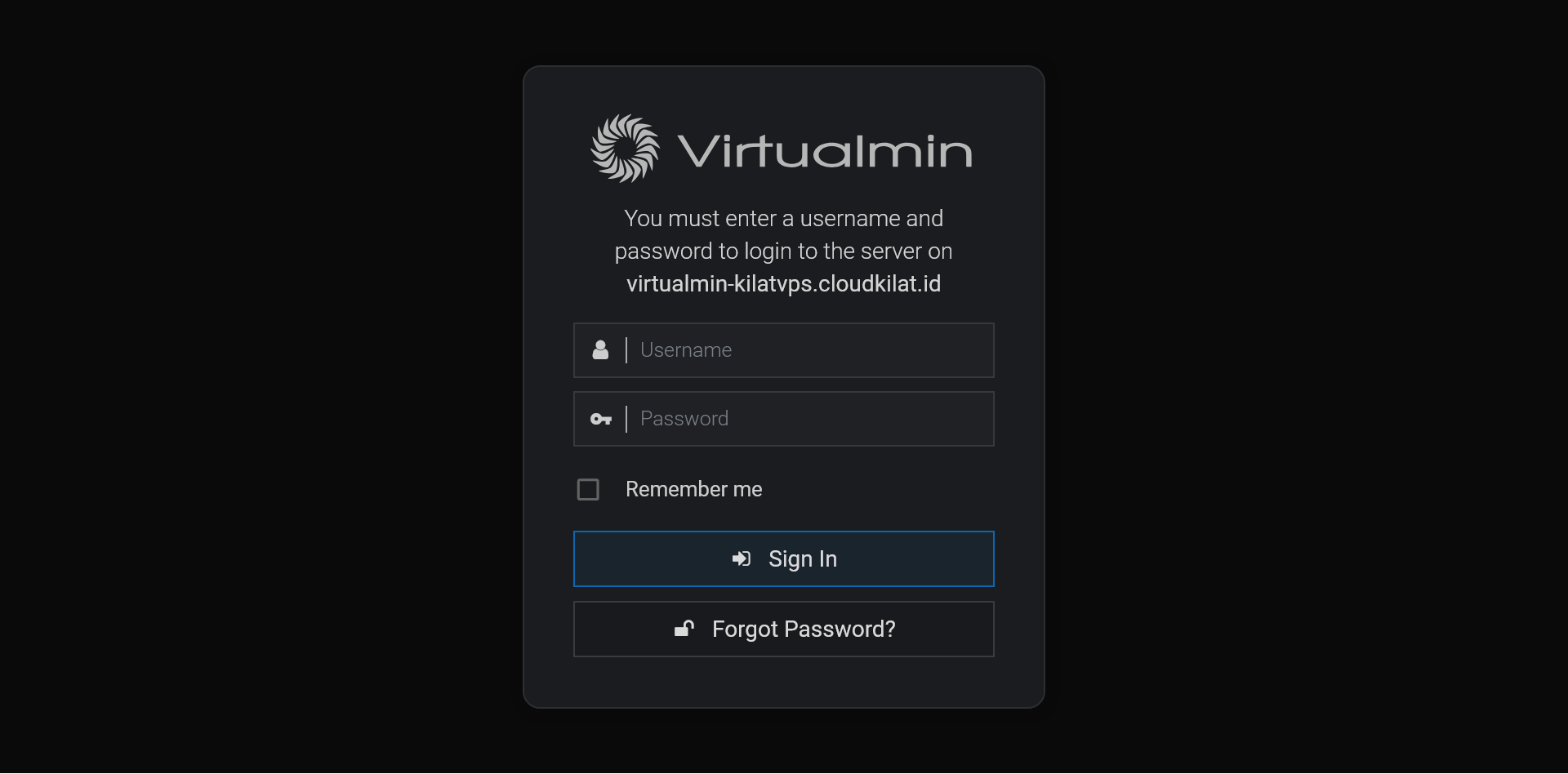 Halaman login Virtualmin di browser