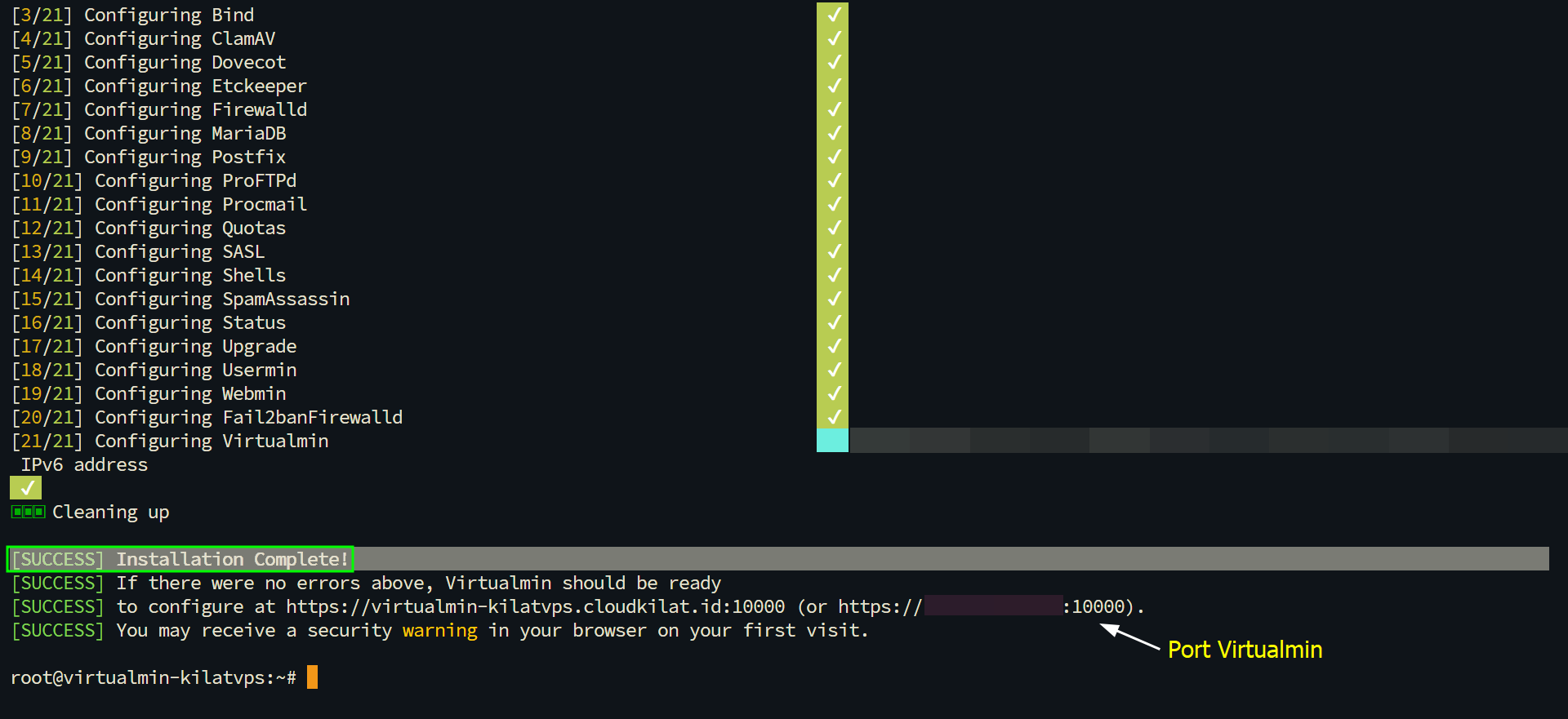 Output instalasi Virtualmin berhasil di terminal