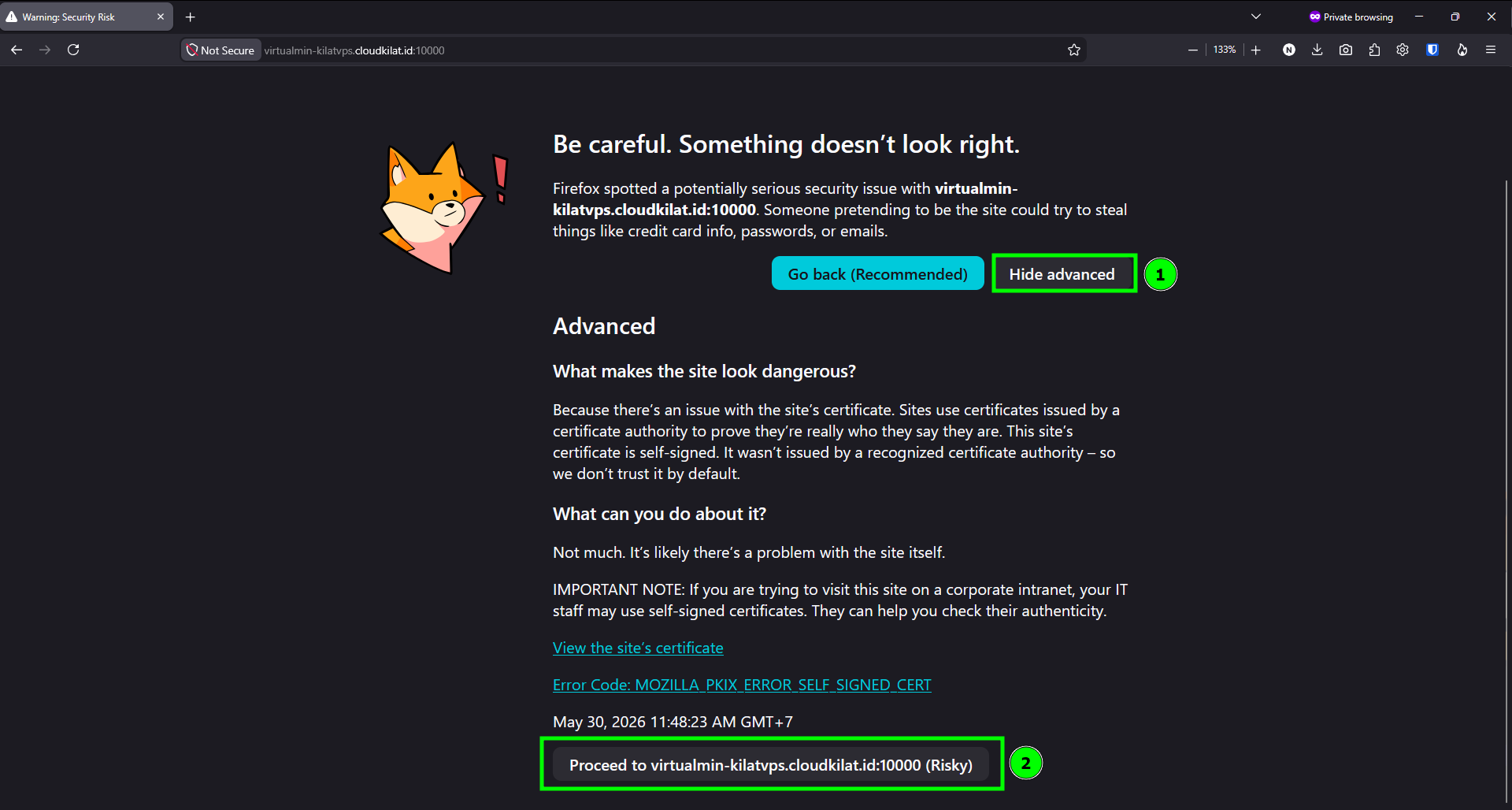 Warning SSL saat login pertama