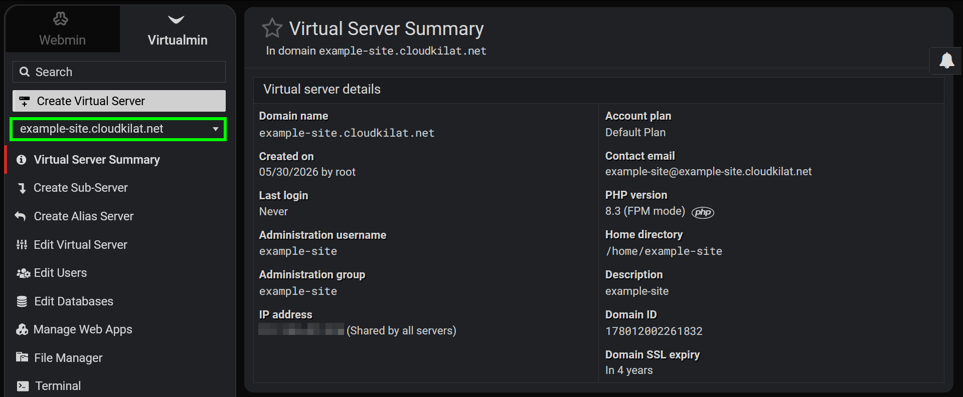 Memilih virtual server di menu kiri panel Virtualmin