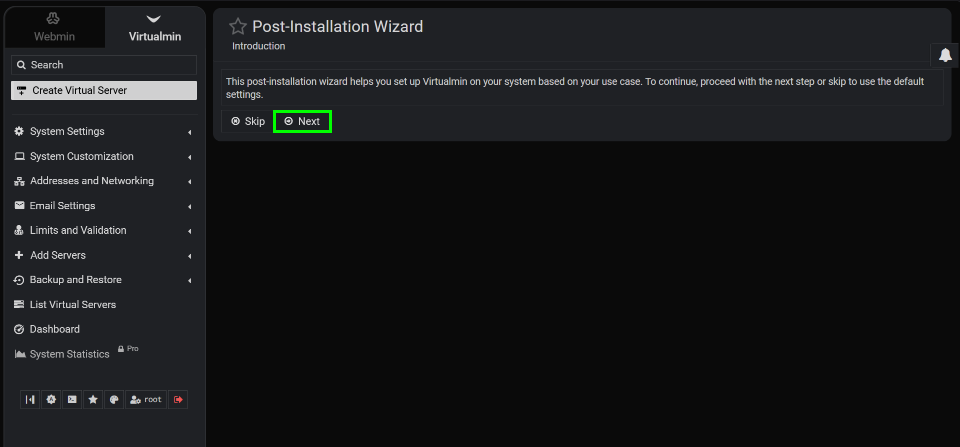 Tampilan Post-Installation Wizard Virtualmin