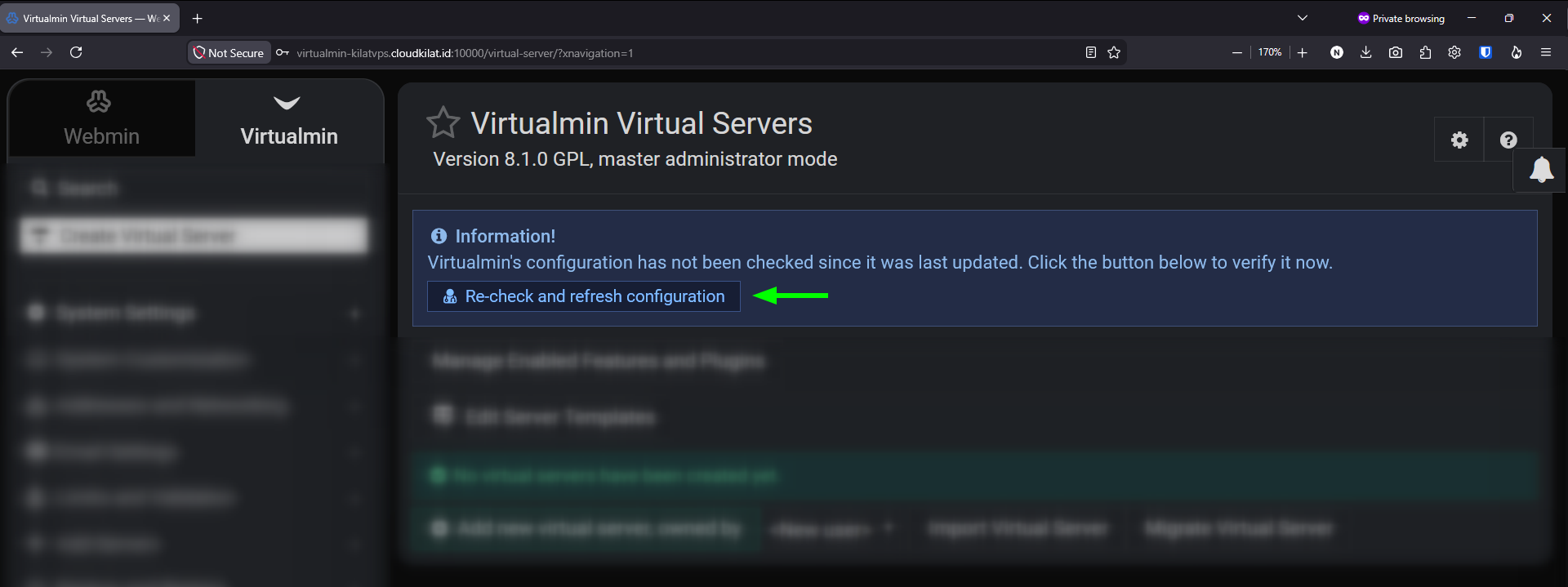 Tampilan dashboard Virtualmin dengan tombol Re-check