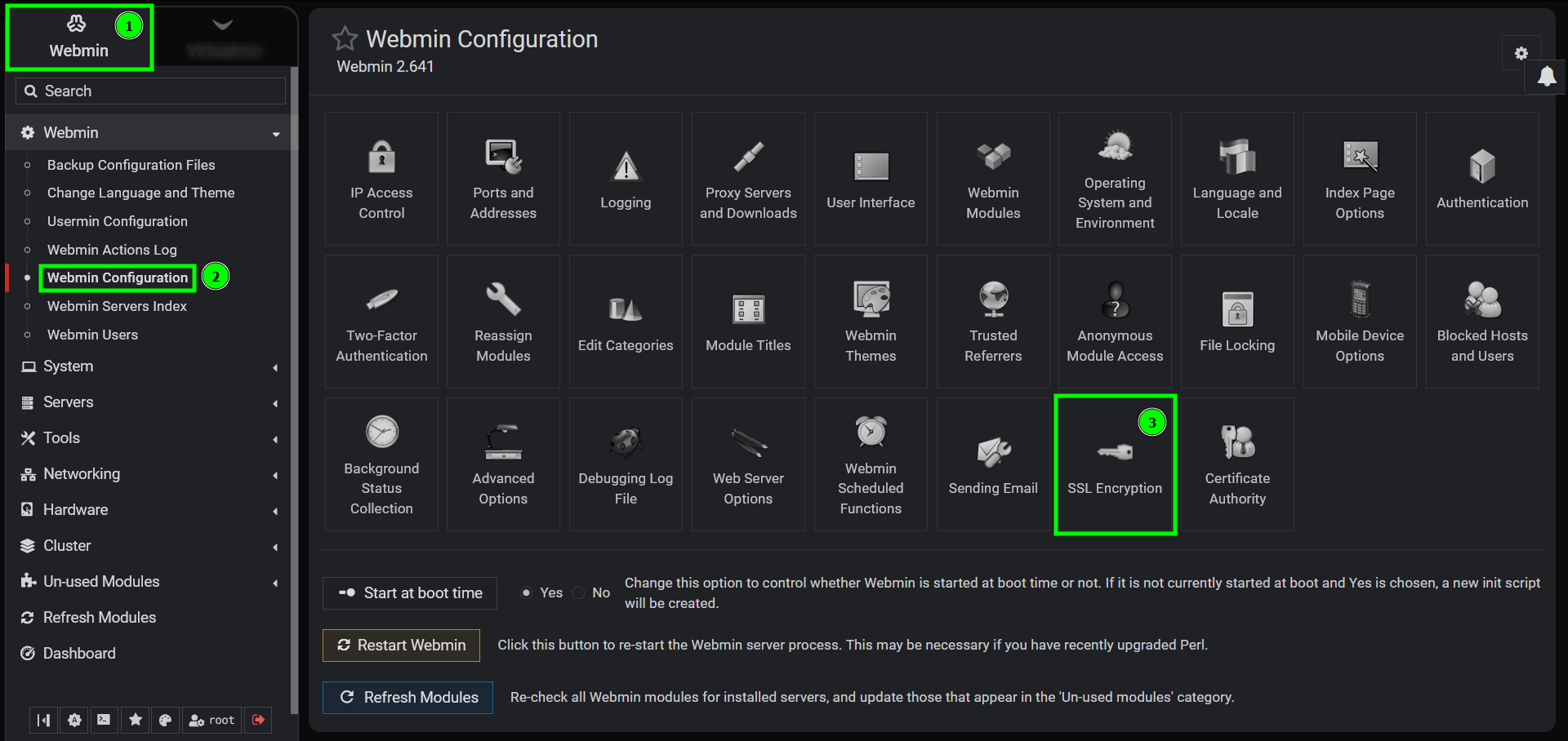 Halaman Webmin Configuration dengan opsi SSL Encryption