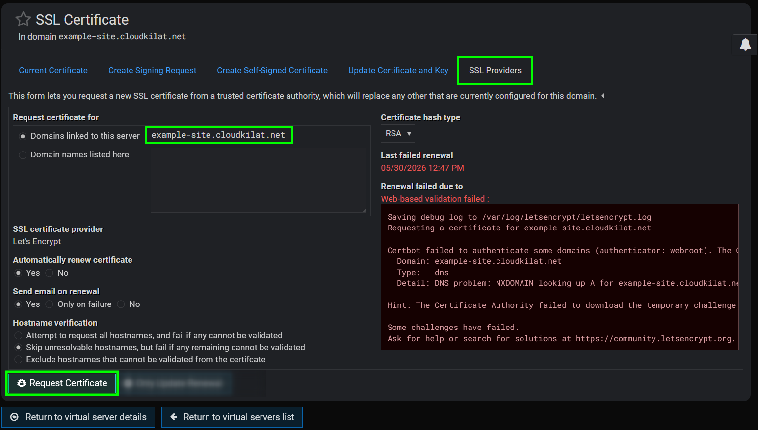 Tab Let's Encrypt di halaman SSL Certificate Virtualmin