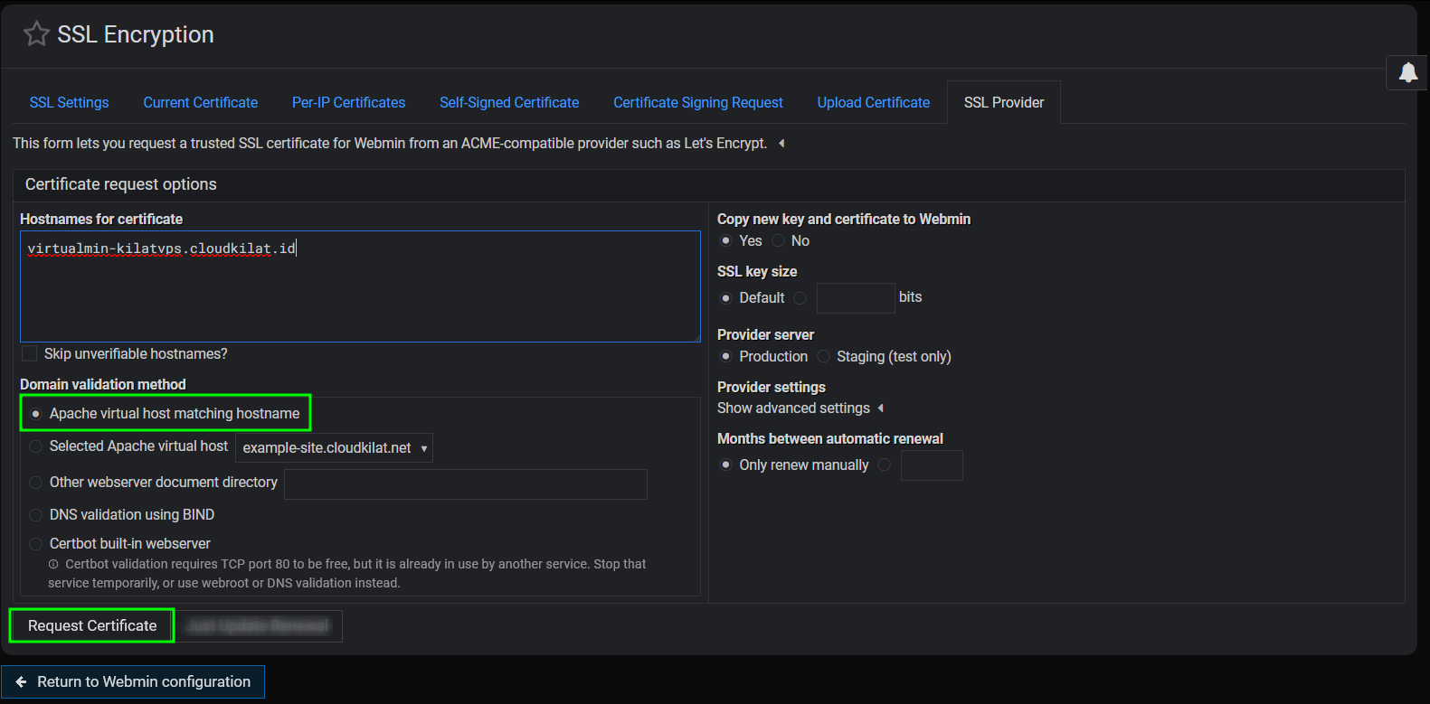 Tab SSL Provider di halaman SSL Encryption Webmin
