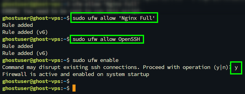 Hasil sudo ufw status menampilkan Nginx Full diizinkan di port 80 dan 443