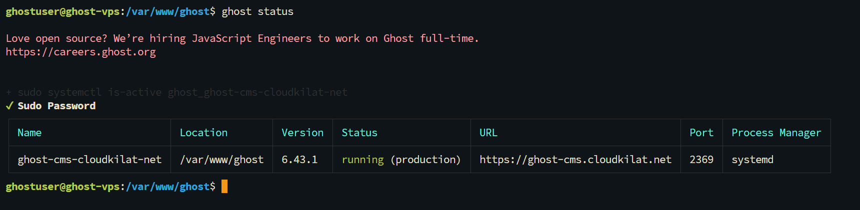 Output ghost status menampilkan Ghost berjalan