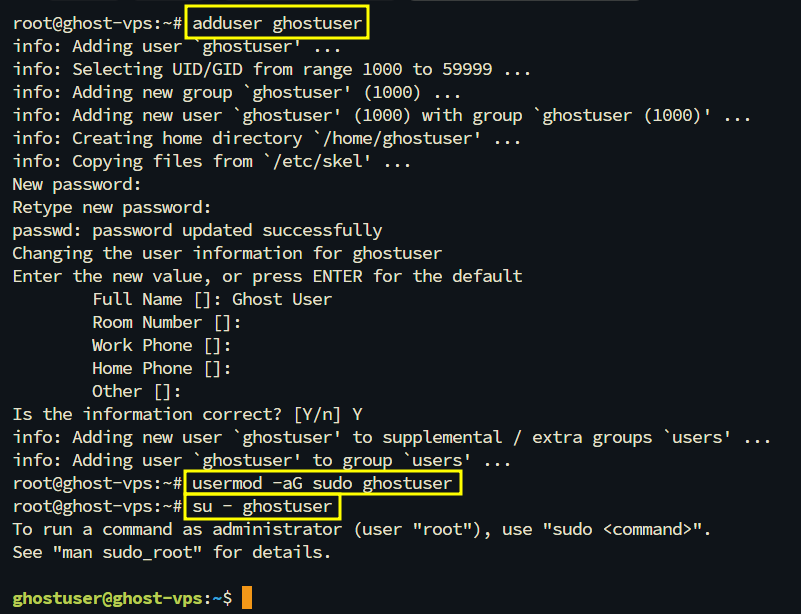 Pembuatan user baru ghostuser dan pengaturan hak sudo di terminal
