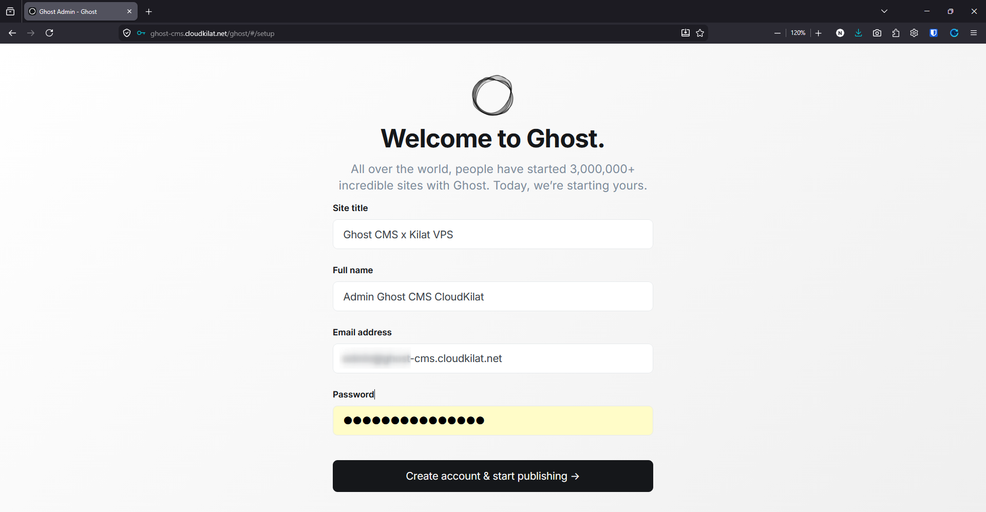 Form setup awal Ghost dengan field Site title, Full name, Email, dan Password