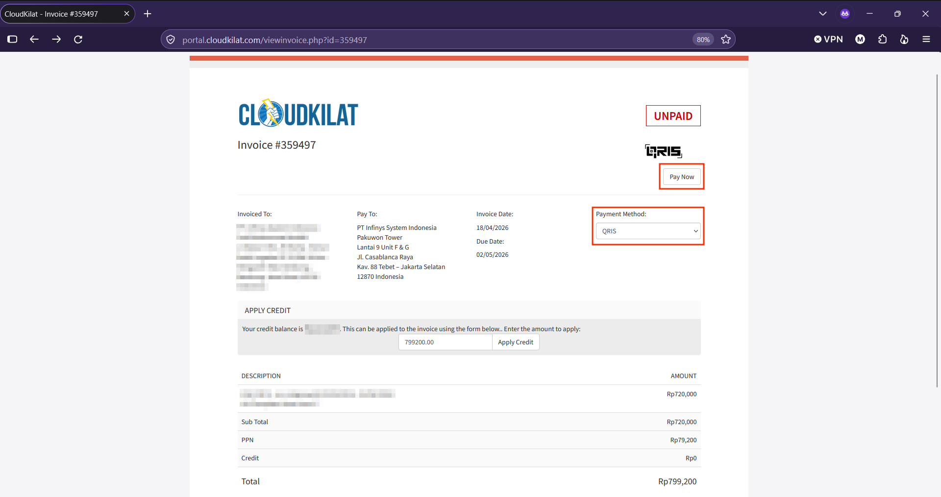 Detail Invoice CloudKilat