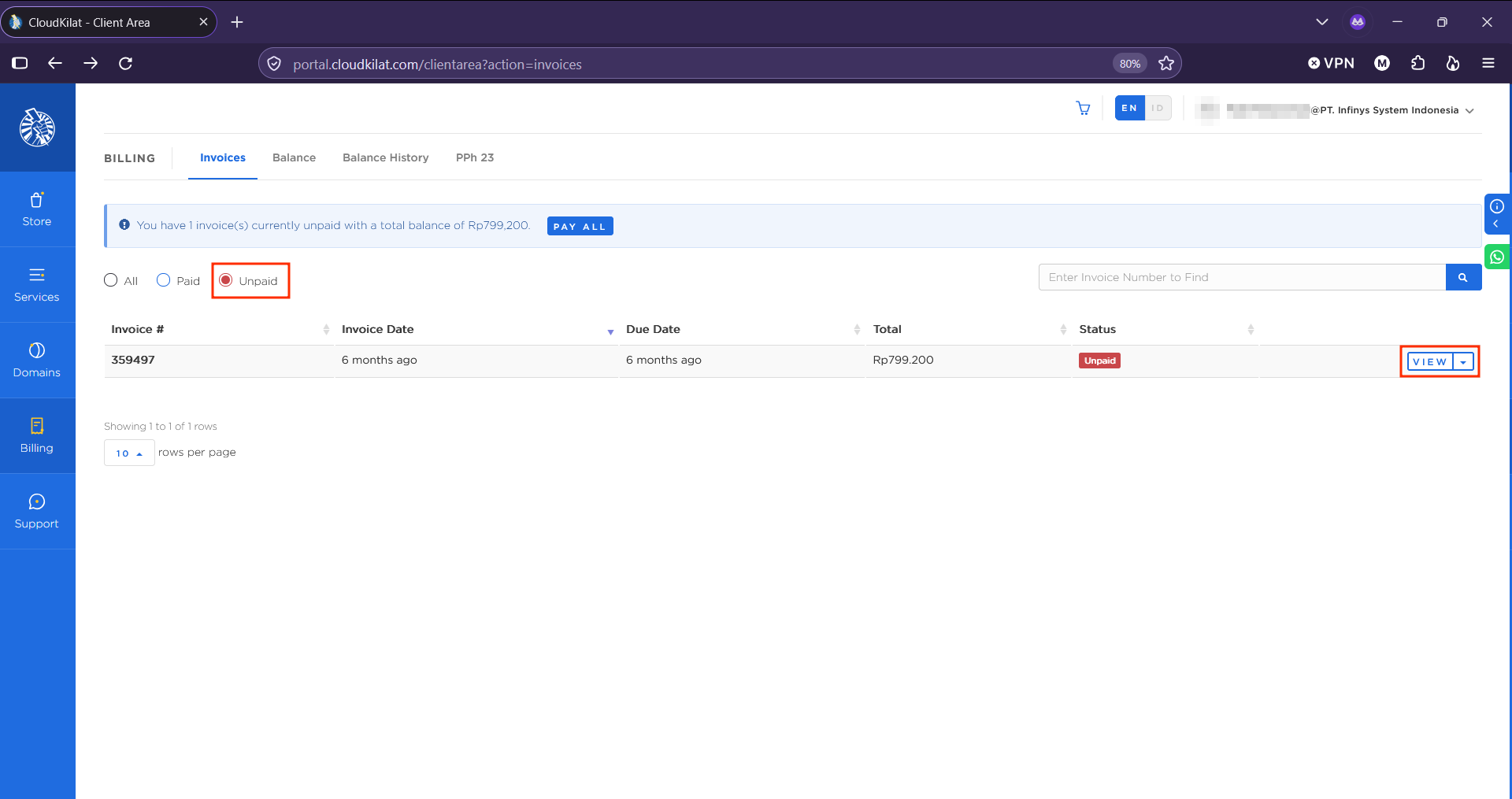 Menu Billing Portal CloudKilat