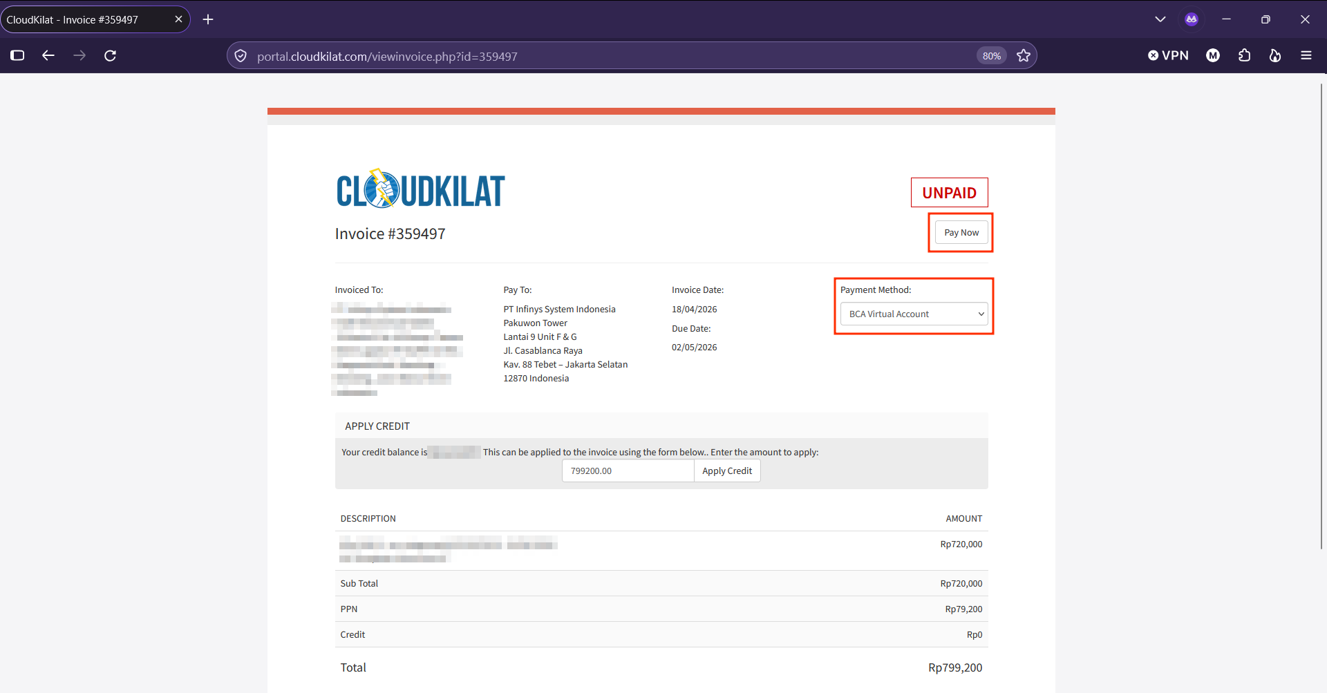 Detail Invoice CloudKilat VA