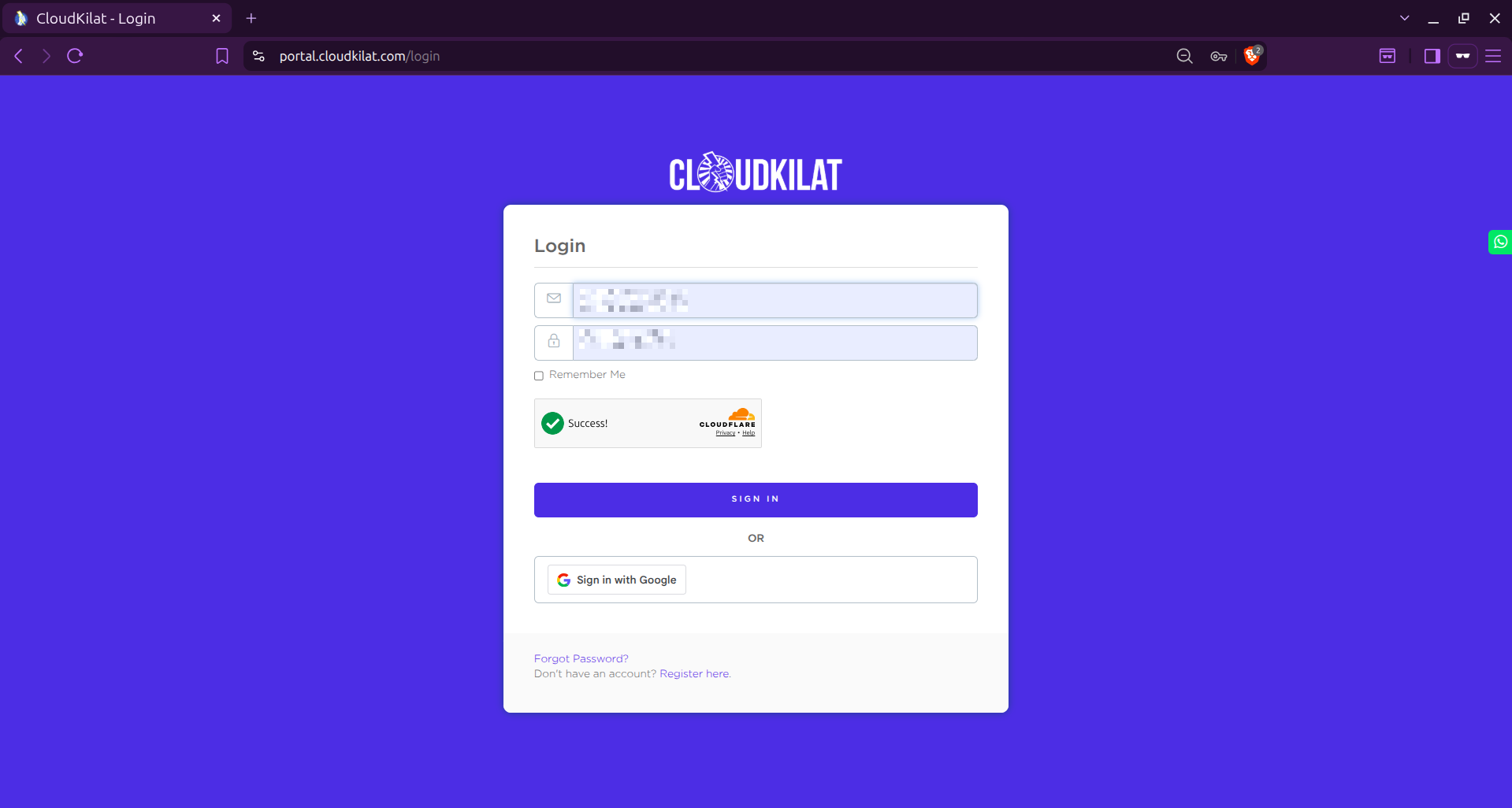 Halaman Login Portal Client CloudKilat