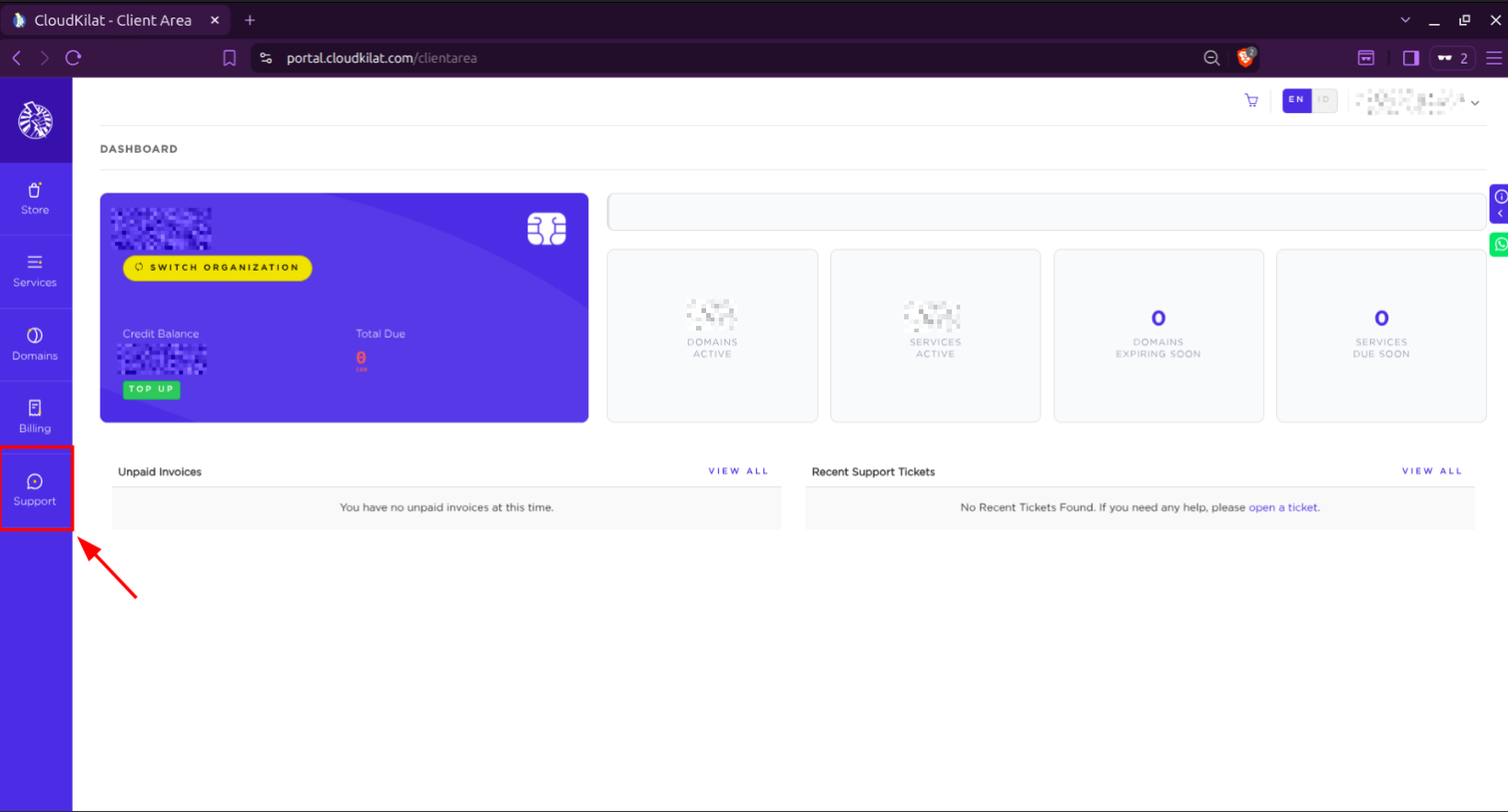 Masuk ke menu support