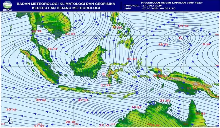 Prakiraan Cuaca Senin 27 Juli 2026: Hujan Sedang hingga Lebat di 7 Provinsi 