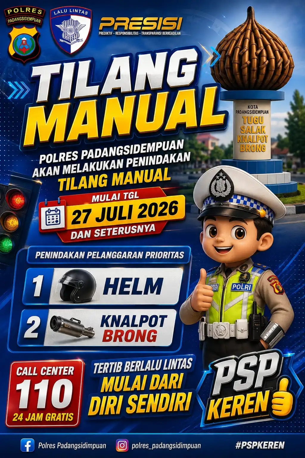 Polres Padangsidimpuan Berlakukan Tilang Manual Mulai 27 Juli 2026, Fokus pada Pelanggaran Helm SNI dan Knalpot Brong