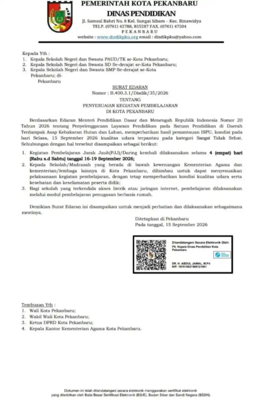 Kabut Asap Karhutla Memburuk, Pemkot Pekanbaru Terapkan PJJ untuk Siswa