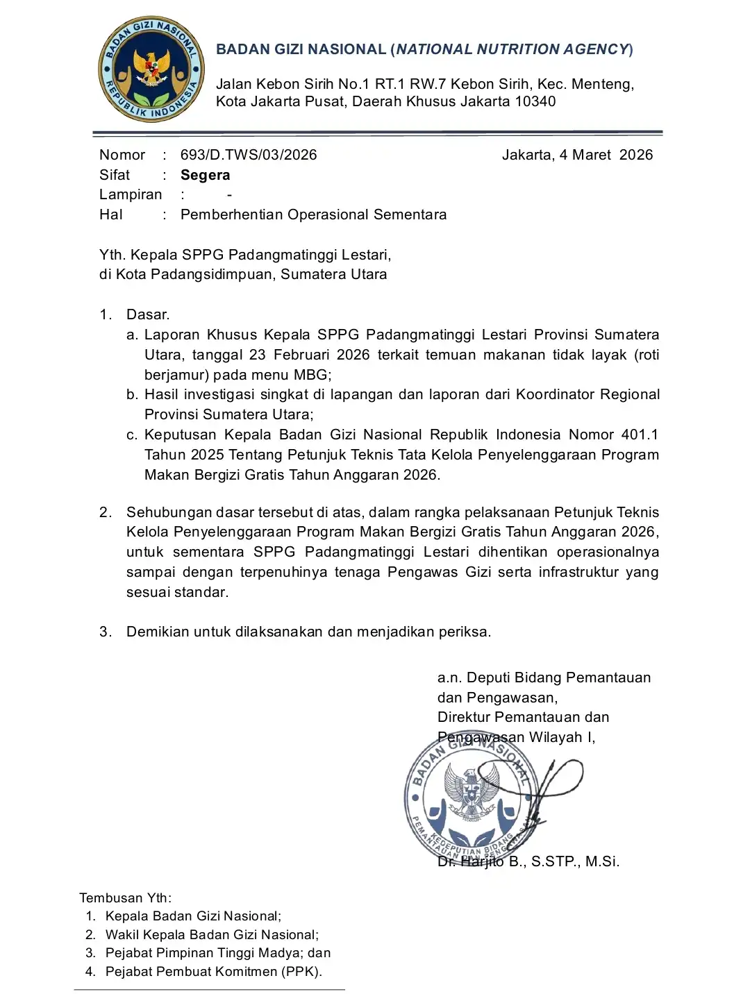 SPPG Padangmatinggi Lestari Dihentikan Sementara Usai Temuan Roti Berjamur dalam Program MBG