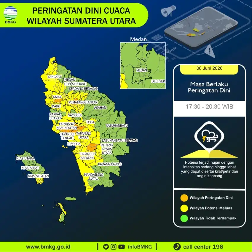 BMKG: Potensi Hujan Lebat dan Angin Kencang di Sumut hingga Pertengahan Juni