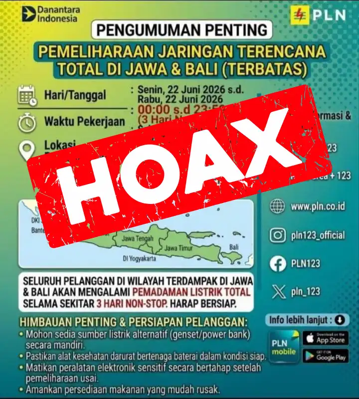 Flyer Pemadaman Total Listrik di Jawa dan Bali Selama 3 Hari Hoaks