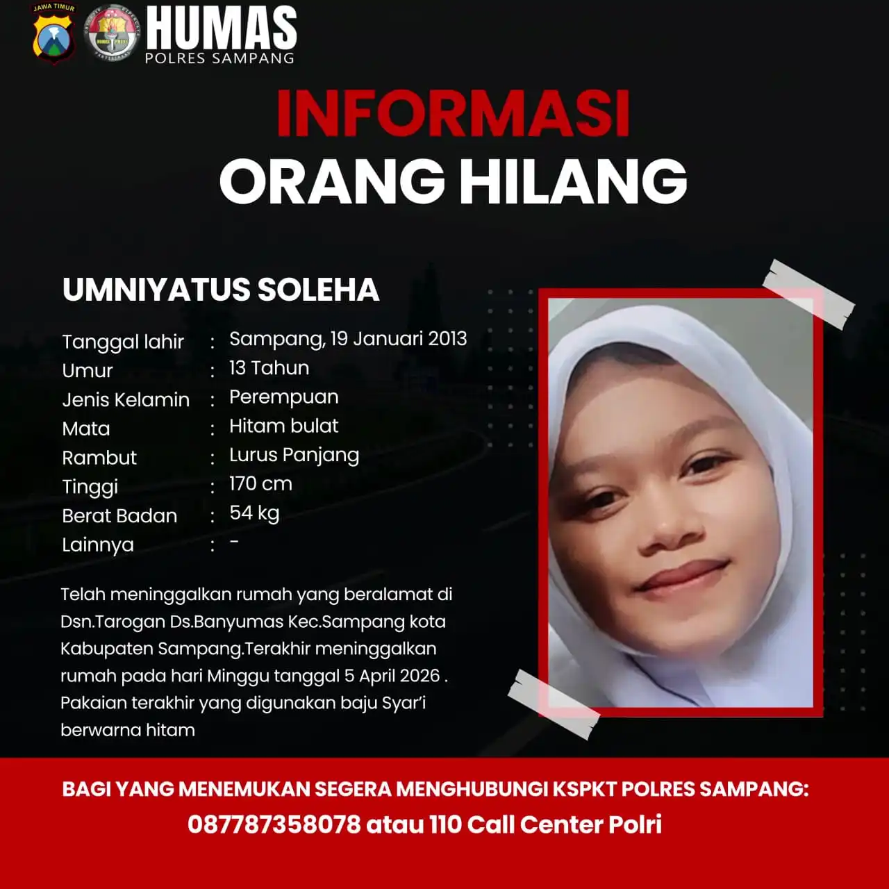 Remaja Putri di Sampang Dicari Polisi, Tinggalkan Rumah Sejak 5 April 2026  