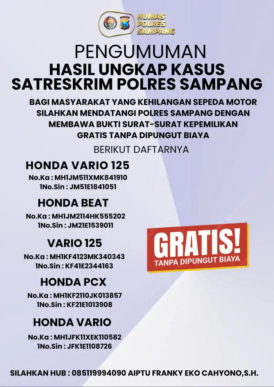 Polres Sampang Umumkan Motor Hasil Ungkap Kasus Curanmor, Ini Daftarnya