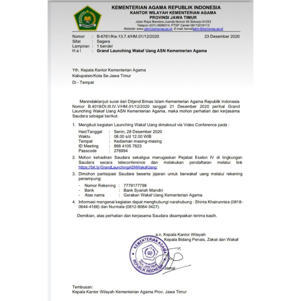 Mentri Rilis Gerakan Wakaf Uang ASN, ini Tanggapan Kankemenag Sampang