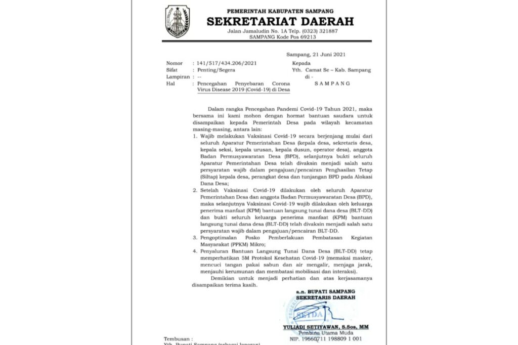 SE Sekretariat Daerah Dalam Pencegahan Penyebaran Covid-19 di Desa