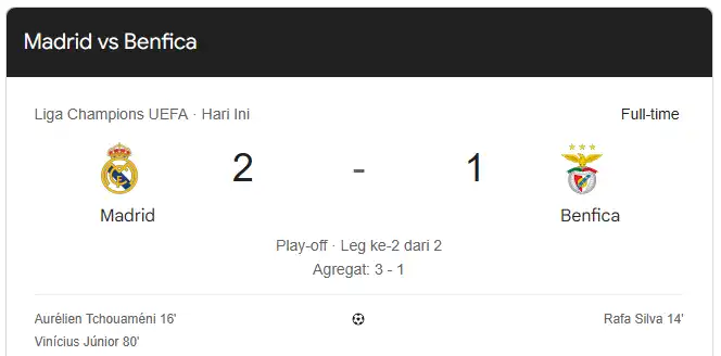 Real Madrid Vs Benfica 2-1: Vinicius Jadi Penentu, Los Blancos Melaju ke 16 Besar Liga Champions