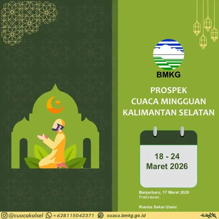 Prakiraan Cuaca Kalsel 18–24 Maret 2026, Hujan dan Potensi Petir Perlu Diwaspadai